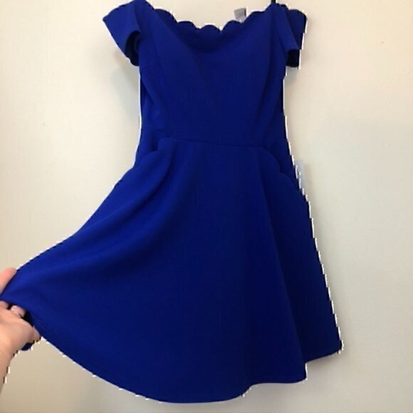 NEW NWT B. DARLIN Off the Shoulder Scalloped Dress Blue Fit Flare Mini JRS 9 10 - Picture 8 of 12